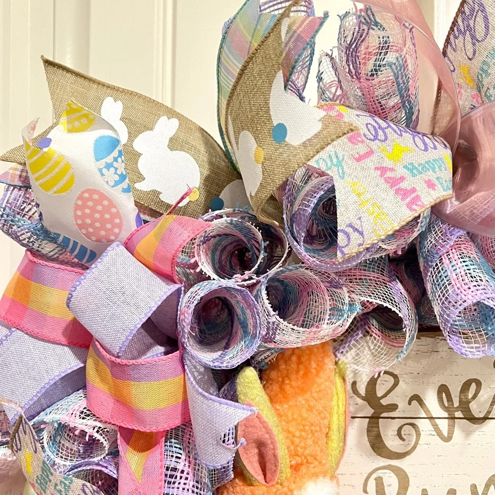 23” Easter Ribbon Wreath Bunny Gnome in Pink, Purple & White Handmade W6